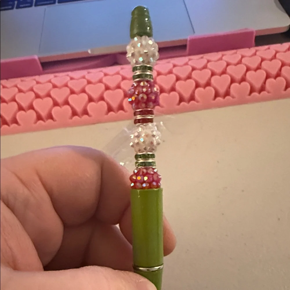 Green Refillable  Ballpoint Pen with Bejeweled Red and White  Beads - Picture 3 of 4